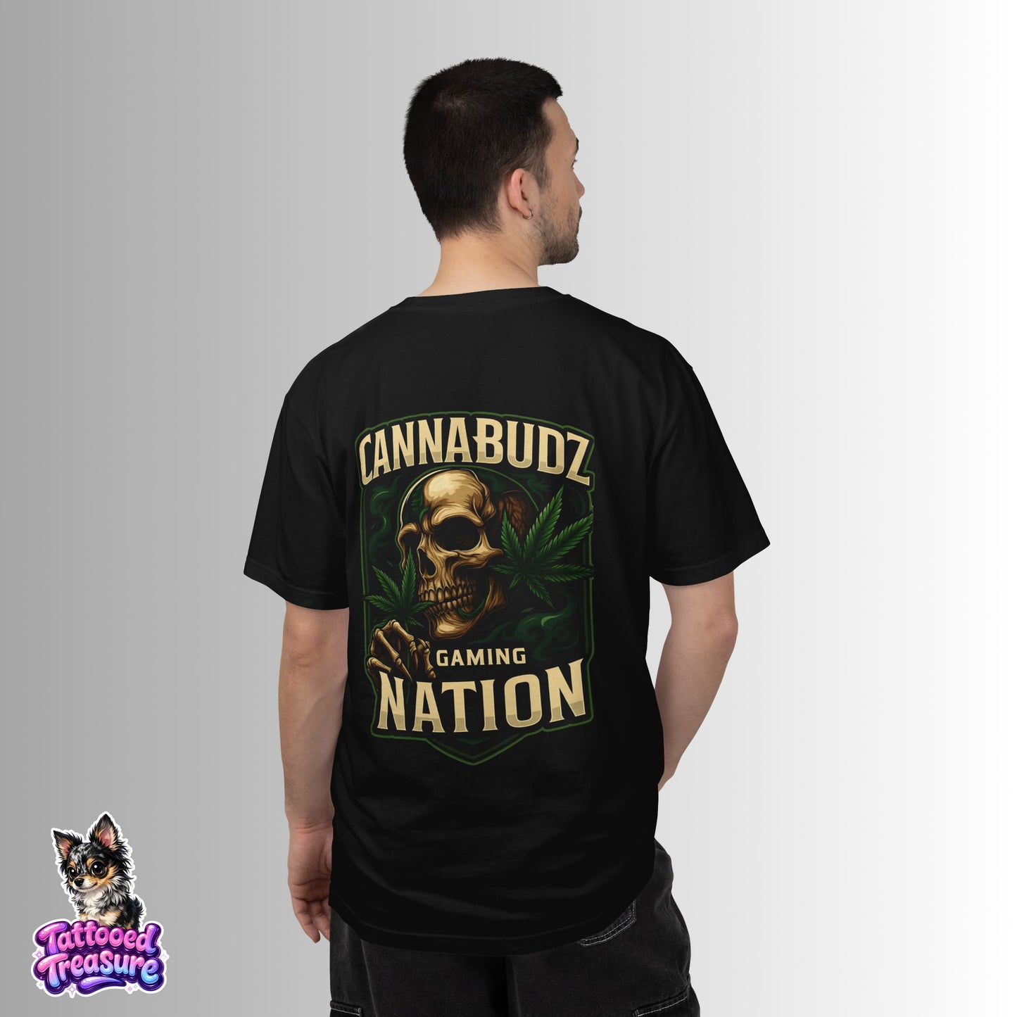 Cannabudz Nation T-Shirt Back— Skull & Cannabis Gaming Tee