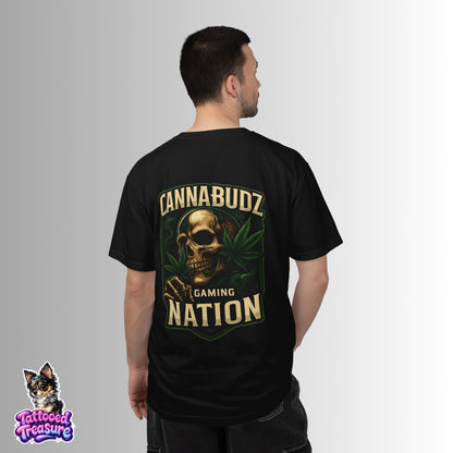 Cannabudz Nation T-Shirt Back— Skull & Cannabis Gaming Tee