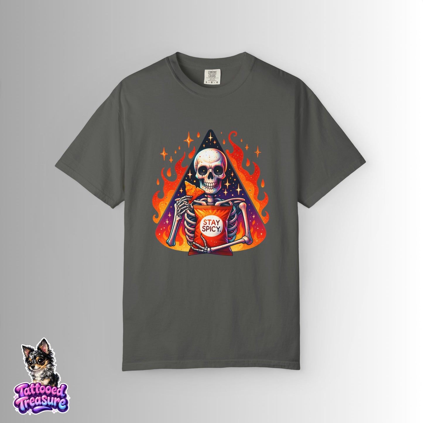 Stay Spicy Skull T-Shirt — Skeleton Holding Hot Sauce Graphic Tee
