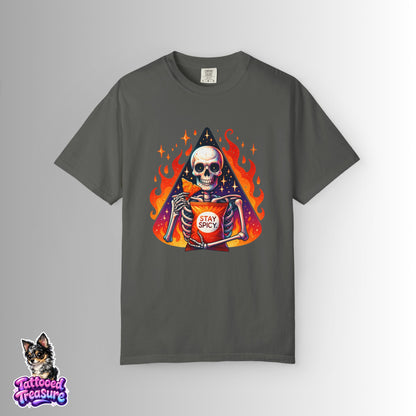 Stay Spicy Skull T-Shirt — Skeleton Holding Hot Sauce Graphic Tee