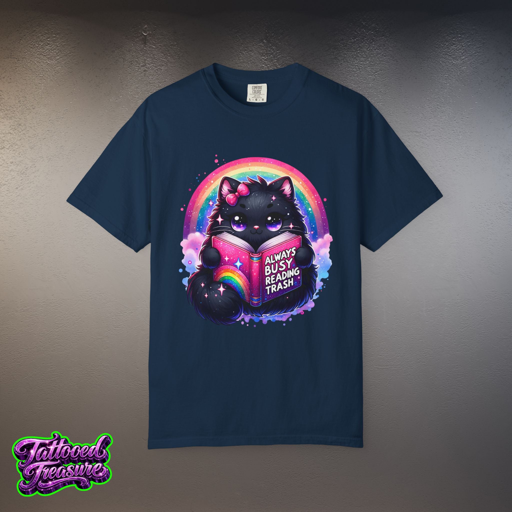 Cat Reading T-Shirt — "Always Busy Reading Trash" Cute Black Cat Rainbow Tee