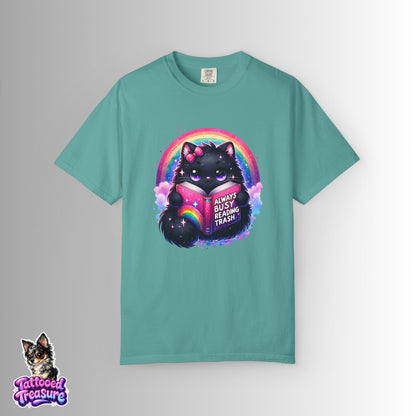 Cat Reading T-Shirt — "Always Busy Reading Trash" Cute Black Cat Rainbow Tee