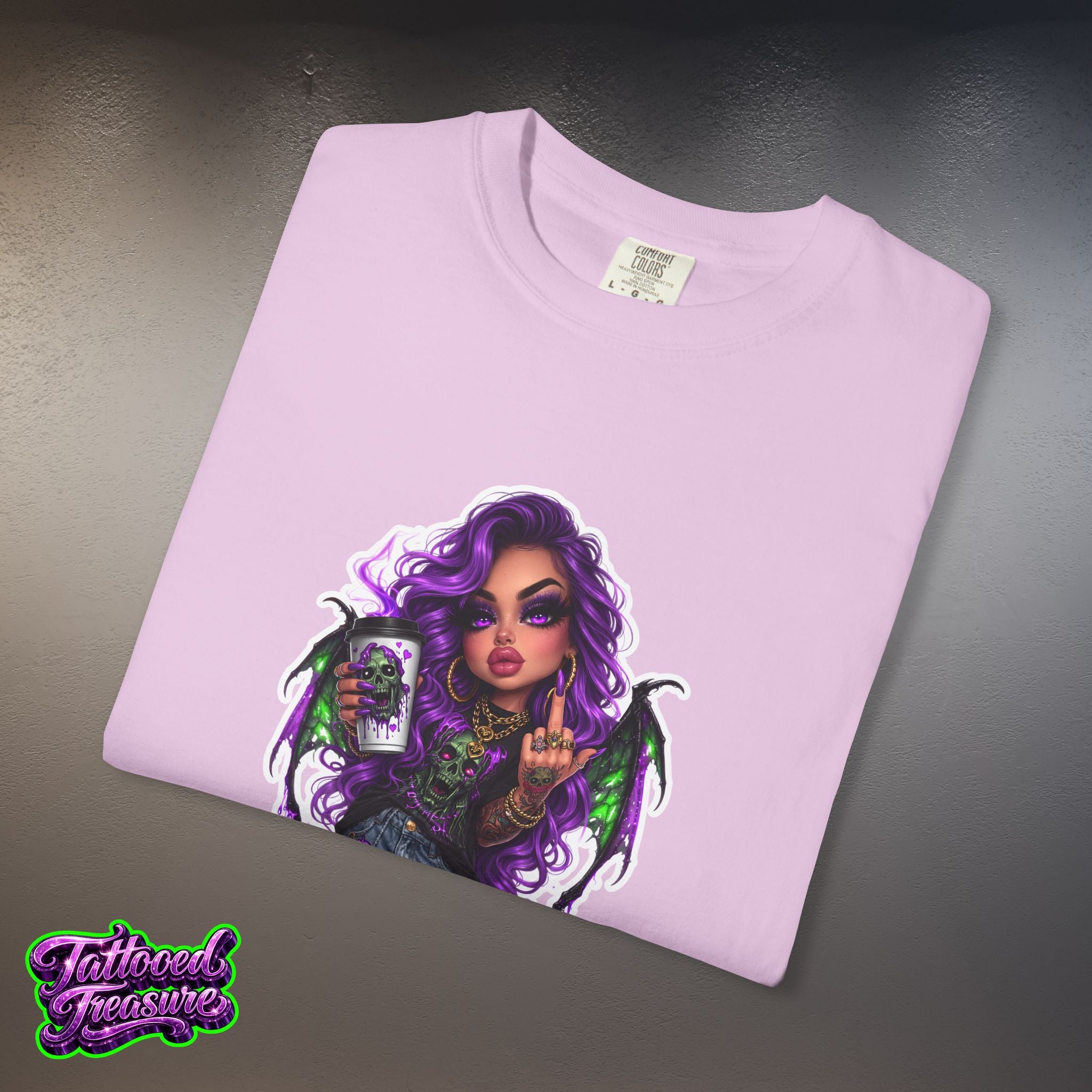 Demon Girl Streetwear T-Shirt — Purple Winged Tattooed Character Graphic