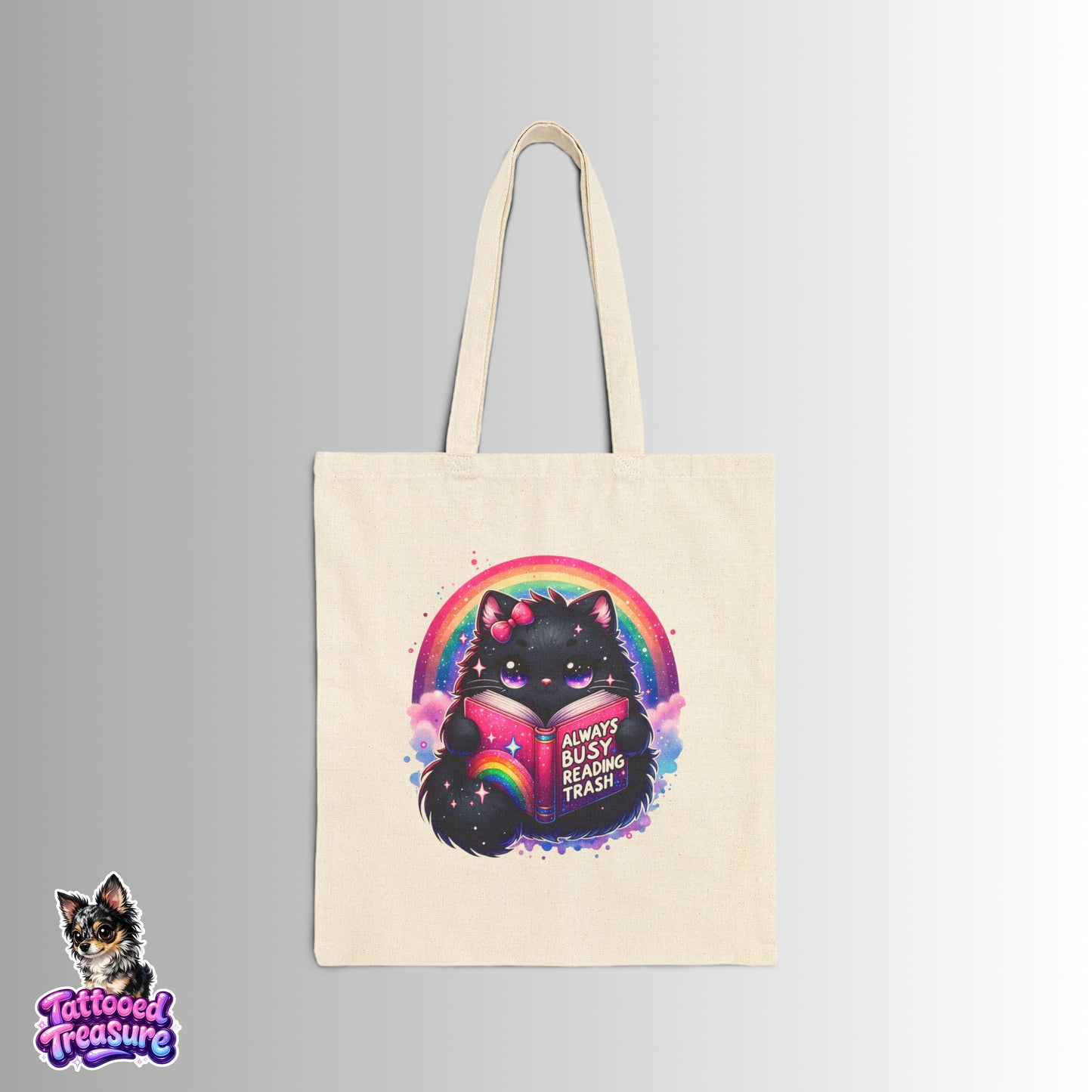 Black Cat Rainbow Tote Bag — "Always Busy Reading Trash" Canvas Tote
