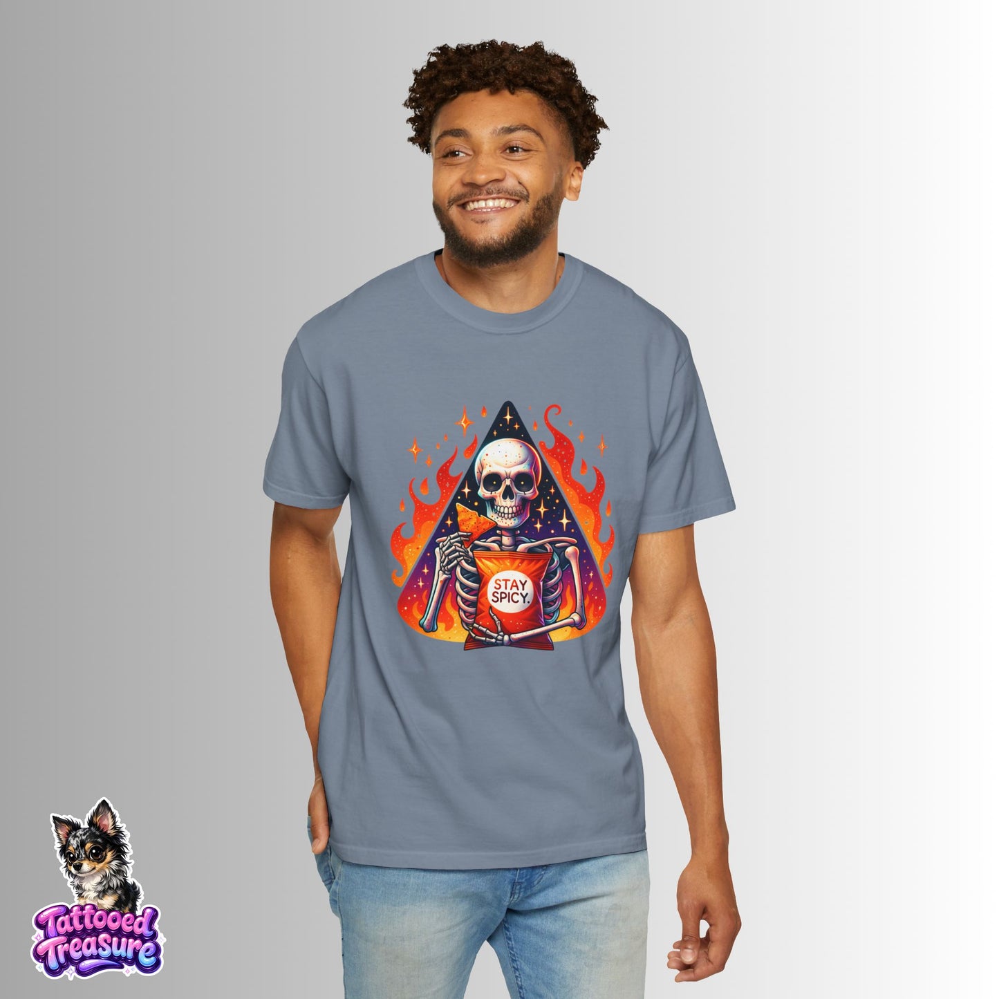 Stay Spicy Skull T-Shirt — Skeleton Holding Hot Sauce Graphic Tee
