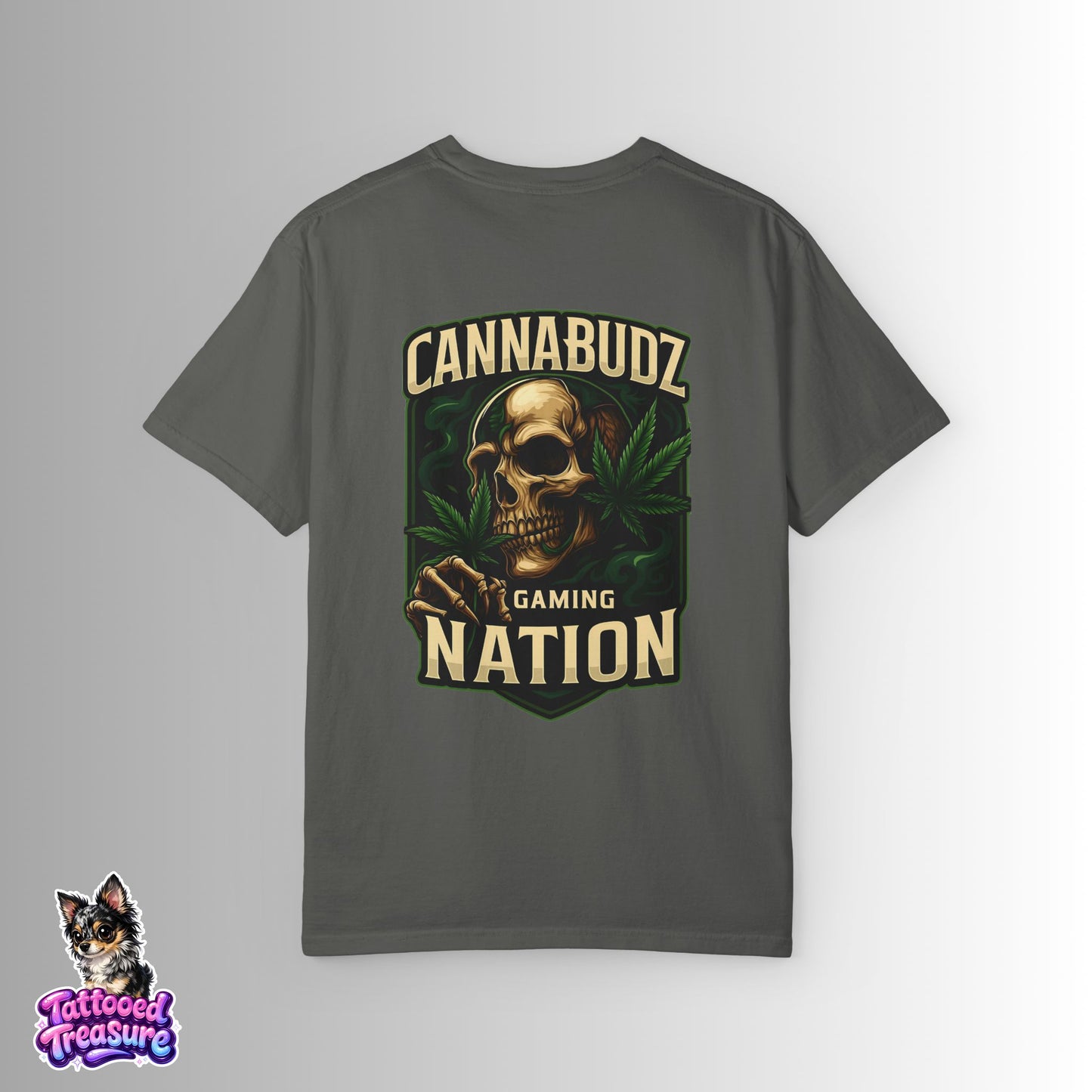 Cannabudz Nation T-Shirt Back— Skull & Cannabis Gaming Tee