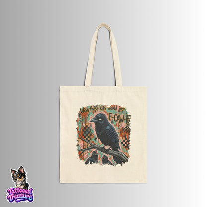 Crow Raven Canvas Tote Bag — "F-CAWFF" Vintage Tattoo Style Eco Shopper