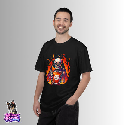 Stay Spicy Skull T-Shirt — Skeleton Holding Hot Sauce Graphic Tee