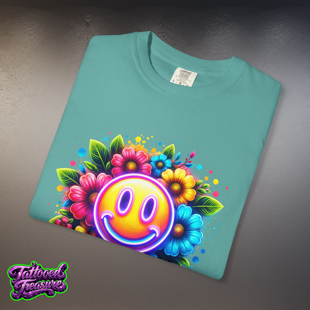 Smiley Flower T-Shirt — Colorful Neon Floral Smile Graphic Tee