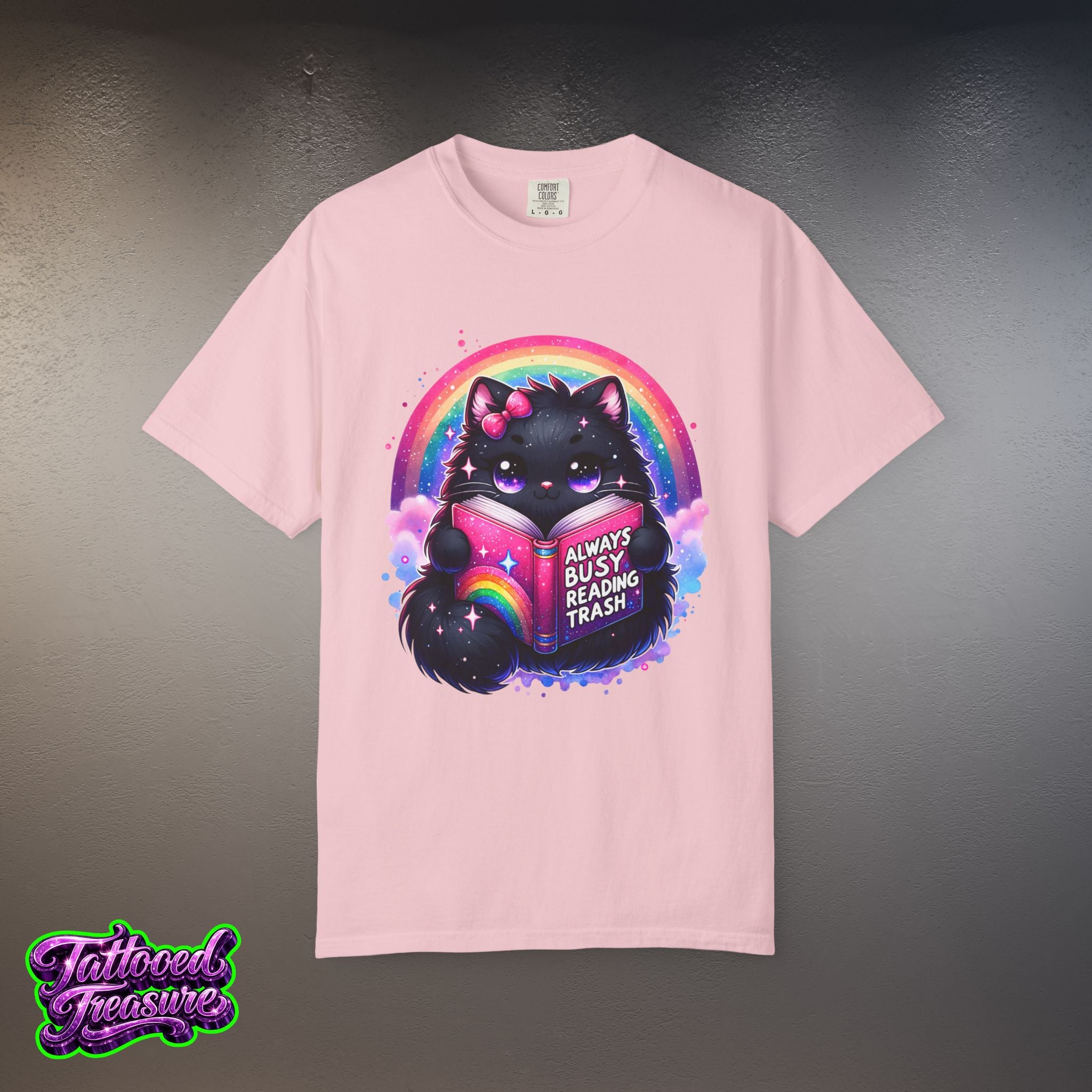 Cat Reading T-Shirt — "Always Busy Reading Trash" Cute Black Cat Rainbow Tee