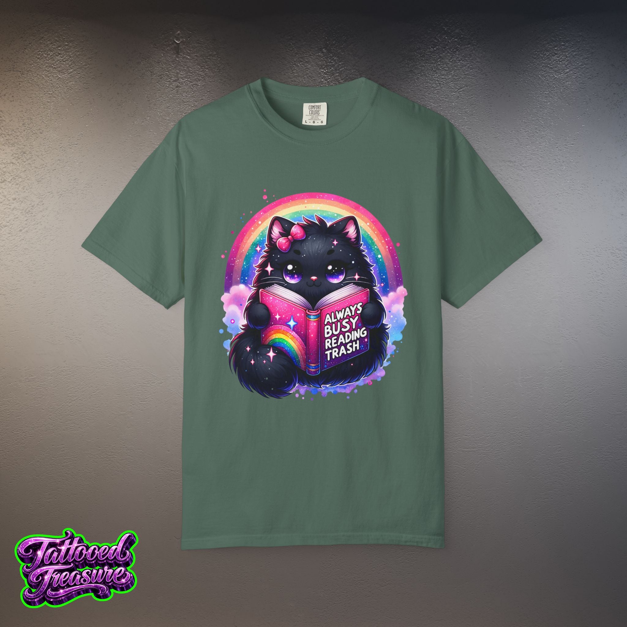 Cat Reading T-Shirt — "Always Busy Reading Trash" Cute Black Cat Rainbow Tee