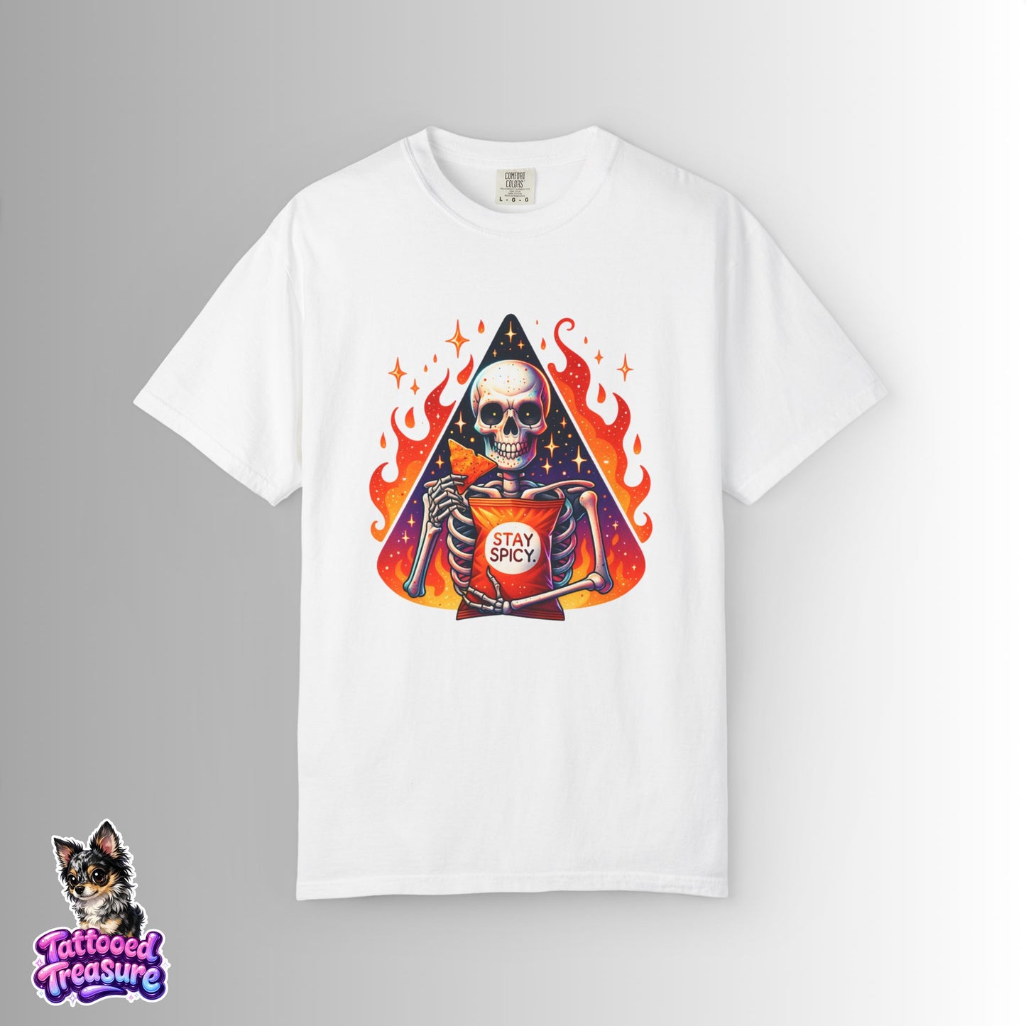 Stay Spicy Skull T-Shirt — Skeleton Holding Hot Sauce Graphic Tee