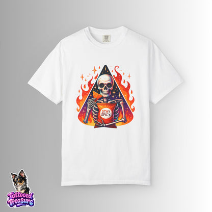 Stay Spicy Skull T-Shirt — Skeleton Holding Hot Sauce Graphic Tee