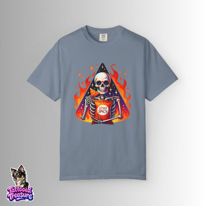Stay Spicy Skull T-Shirt — Skeleton Holding Hot Sauce Graphic Tee