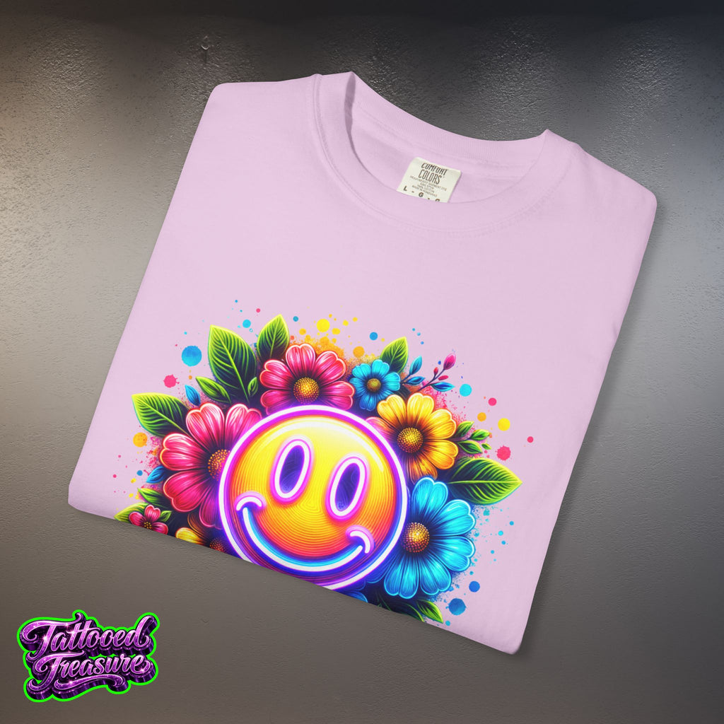 Smiley Flower T-Shirt — Colorful Neon Floral Smile Graphic Tee