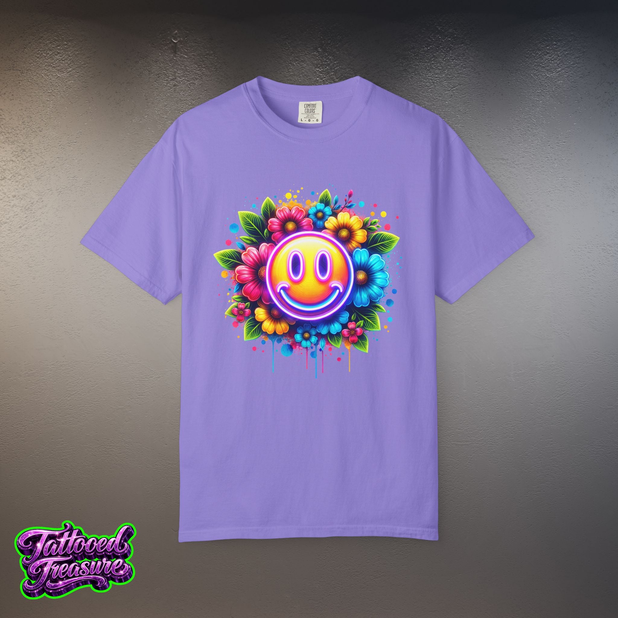 Smiley Flower T-Shirt — Colorful Neon Floral Smile Graphic Tee