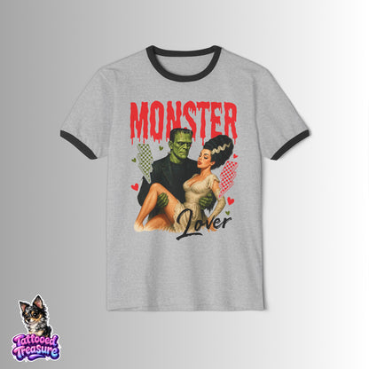 Monster Lover Ringer T-Shirt — Retro Frankenstein & Bride Pinup Tee