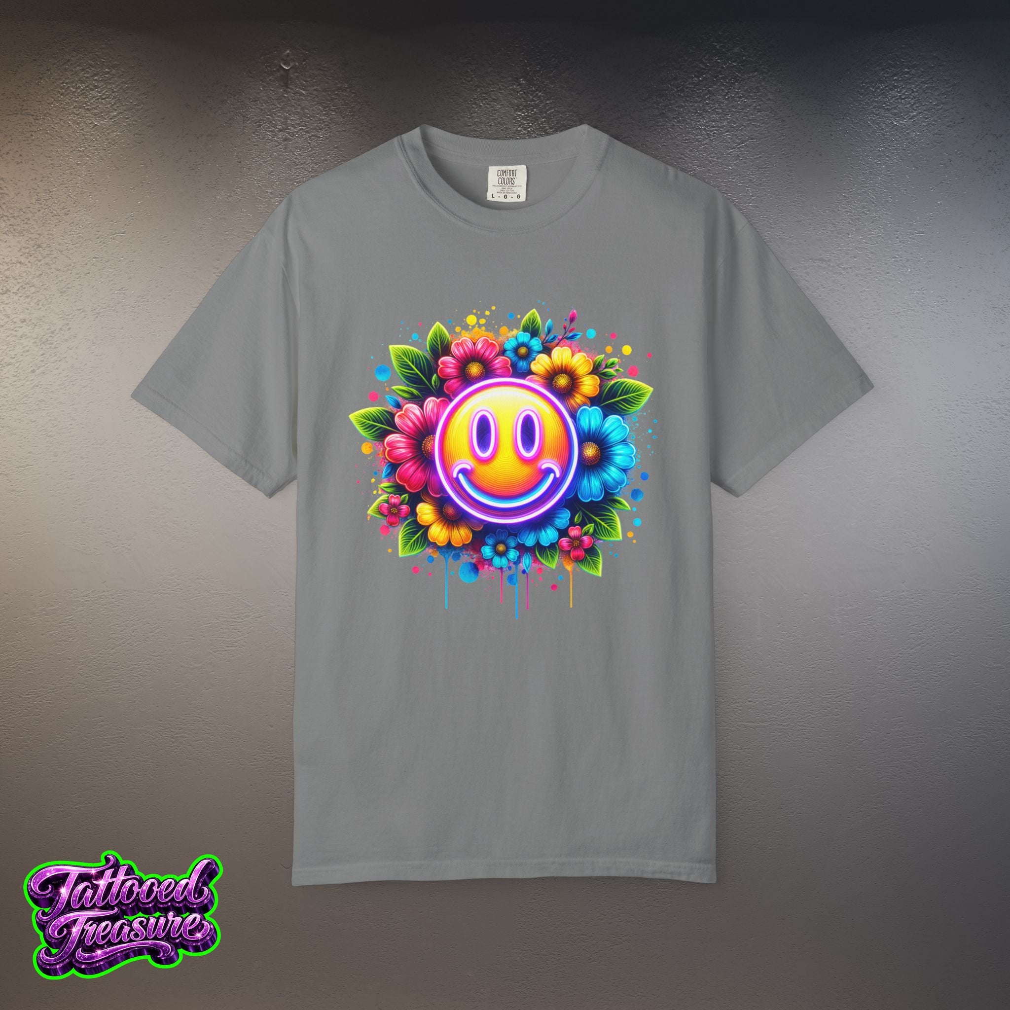Smiley Flower T-Shirt — Colorful Neon Floral Smile Graphic Tee