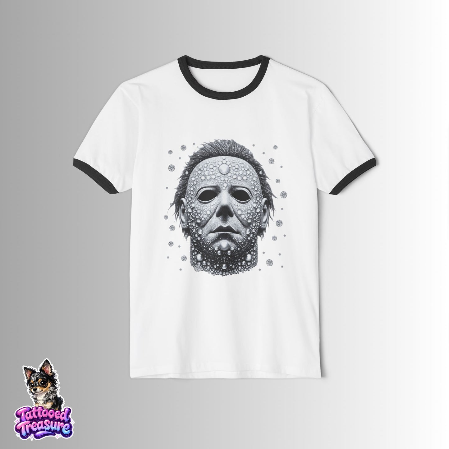 Halloween Horror Mask Ringer T-Shirt — Michael-Style Skull Mask Graphic