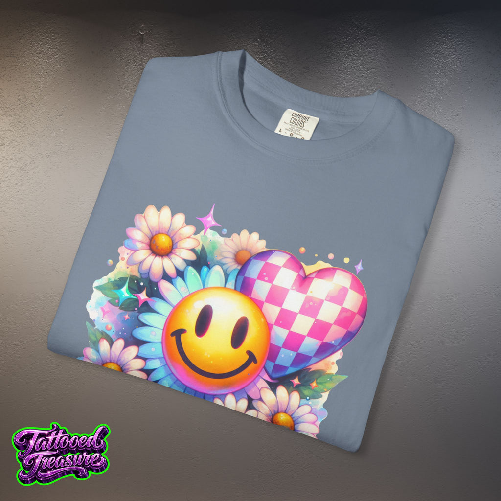 Happy Heart Smiley T-Shirt — Floral Checkerboard Graphic Tee