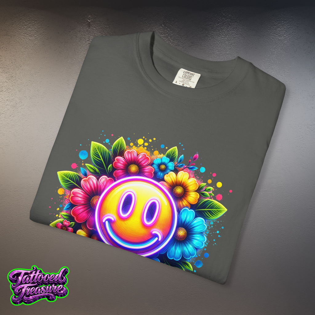 Smiley Flower T-Shirt — Colorful Neon Floral Smile Graphic Tee