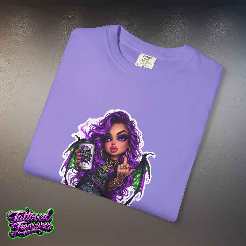 Demon Girl Streetwear T-Shirt — Purple Winged Tattooed Character Graphic
