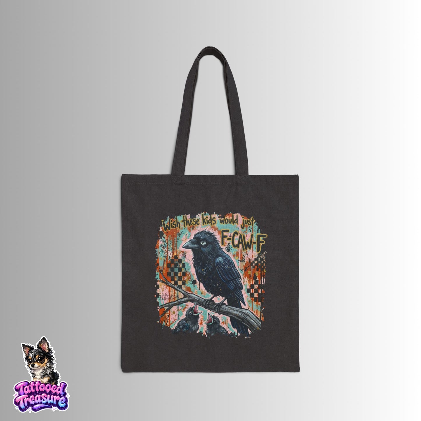 Crow Raven Canvas Tote Bag — "F-CAWFF" Vintage Tattoo Style Eco Shopper