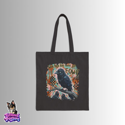 Crow Raven Canvas Tote Bag — "F-CAWFF" Vintage Tattoo Style Eco Shopper