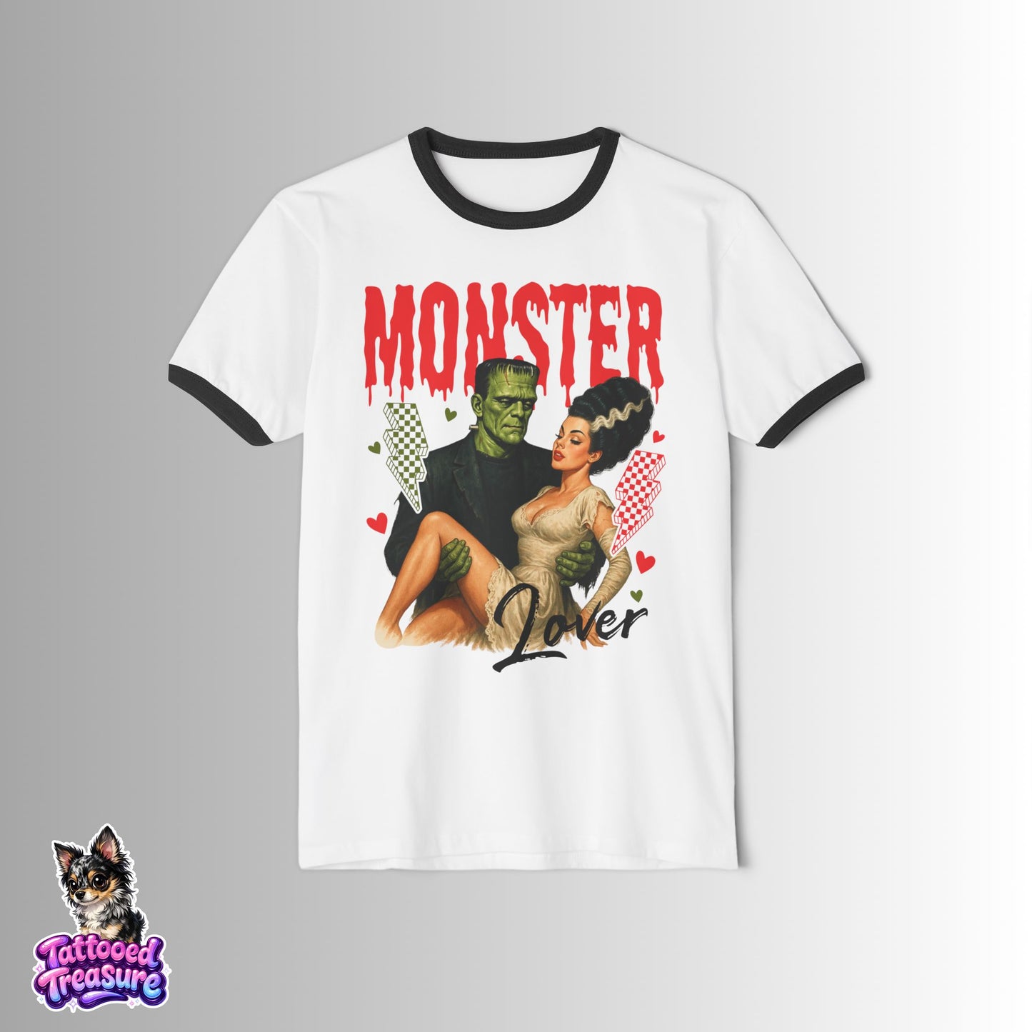 Monster Lover Ringer T-Shirt — Retro Frankenstein & Bride Pinup Tee