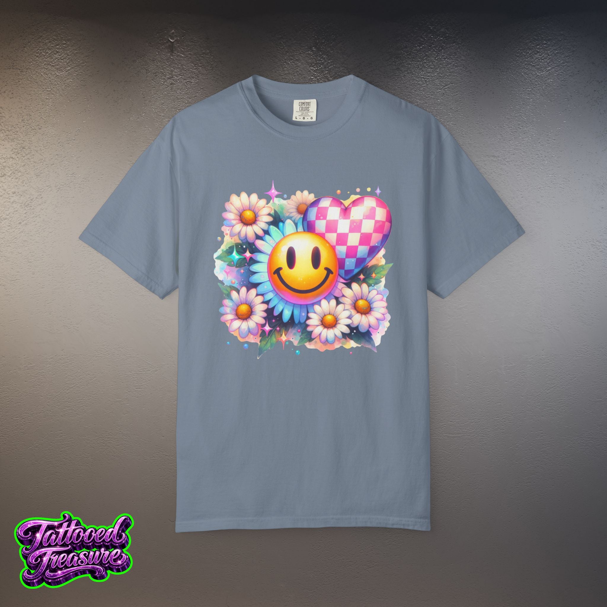 Happy Heart Smiley T-Shirt — Floral Checkerboard Graphic Tee