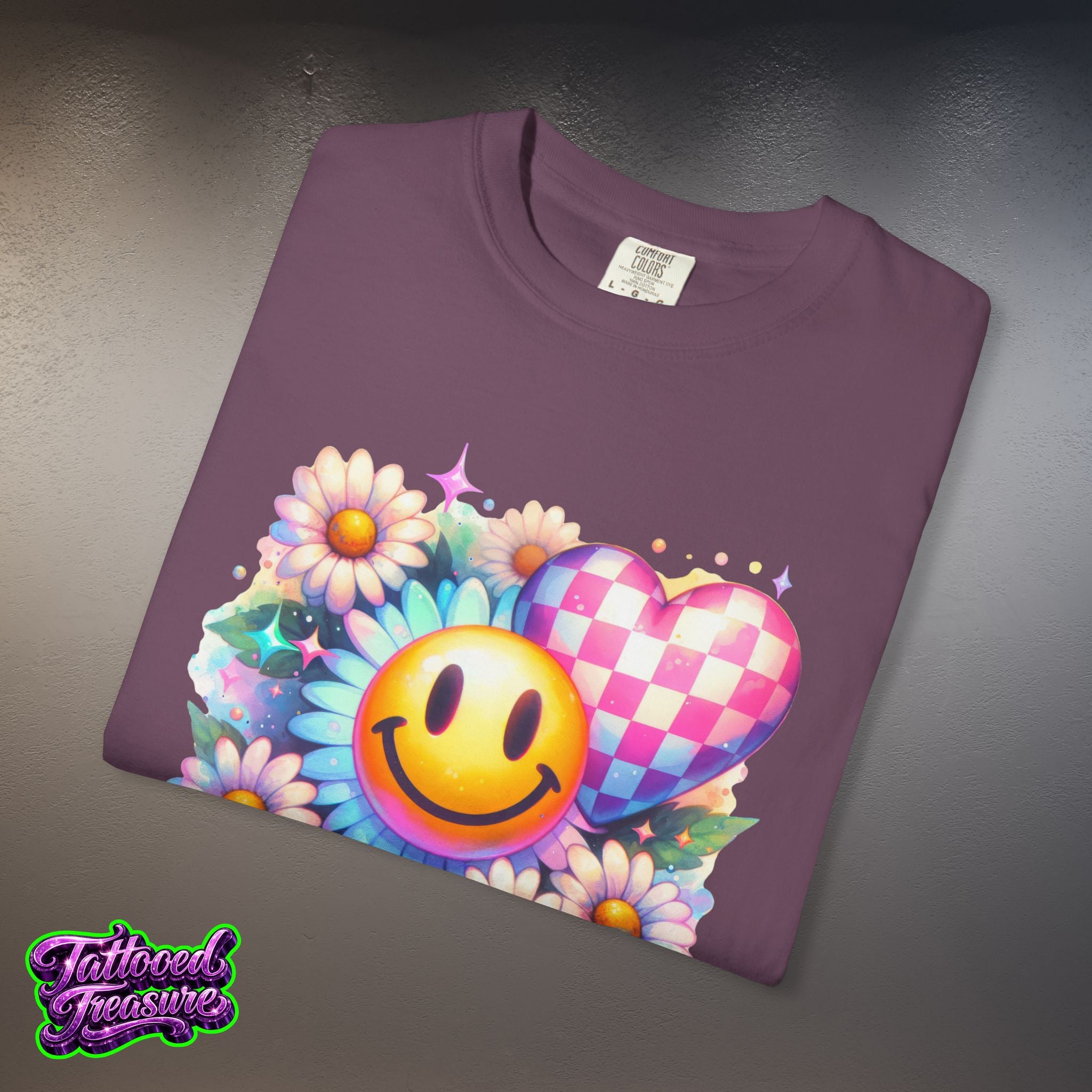 Happy Heart Smiley T-Shirt — Floral Checkerboard Graphic Tee
