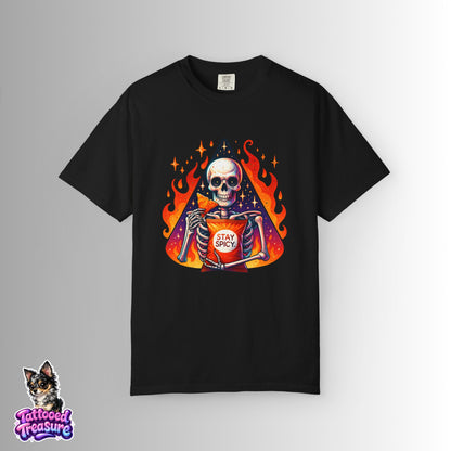 Stay Spicy Skull T-Shirt — Skeleton Holding Hot Sauce Graphic Tee