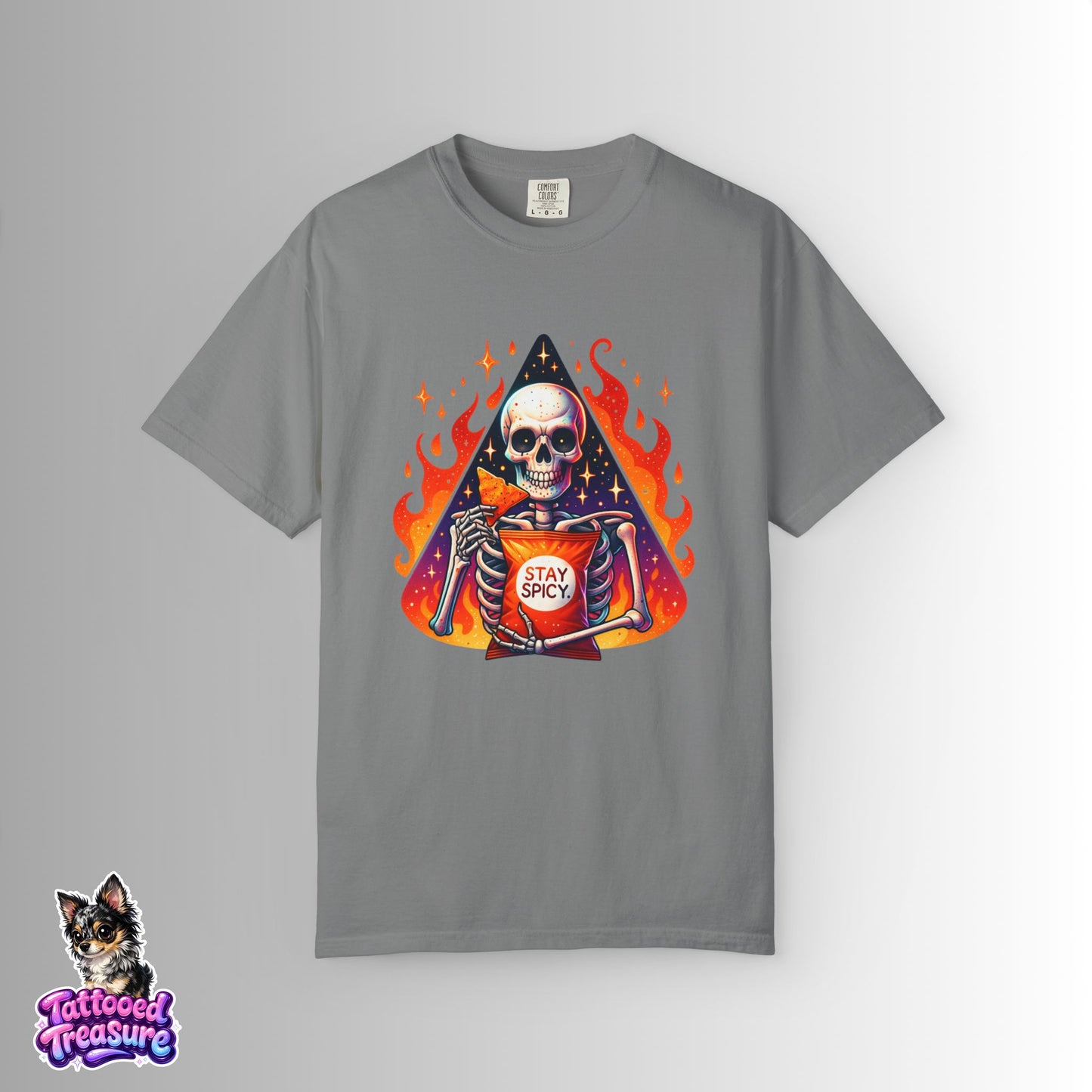 Stay Spicy Skull T-Shirt — Skeleton Holding Hot Sauce Graphic Tee