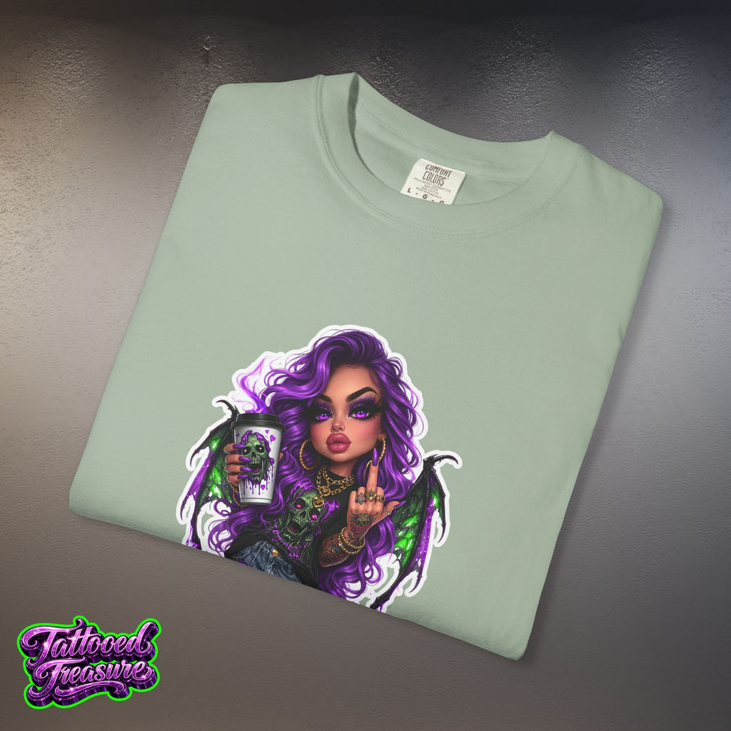 Demon Girl Streetwear T-Shirt — Purple Winged Tattooed Character Graphic