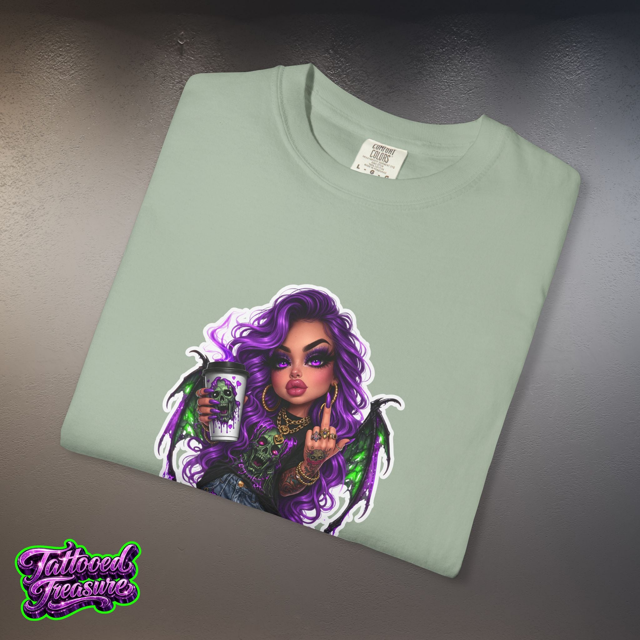 Demon Girl Streetwear T-Shirt — Purple Winged Tattooed Character Graphic