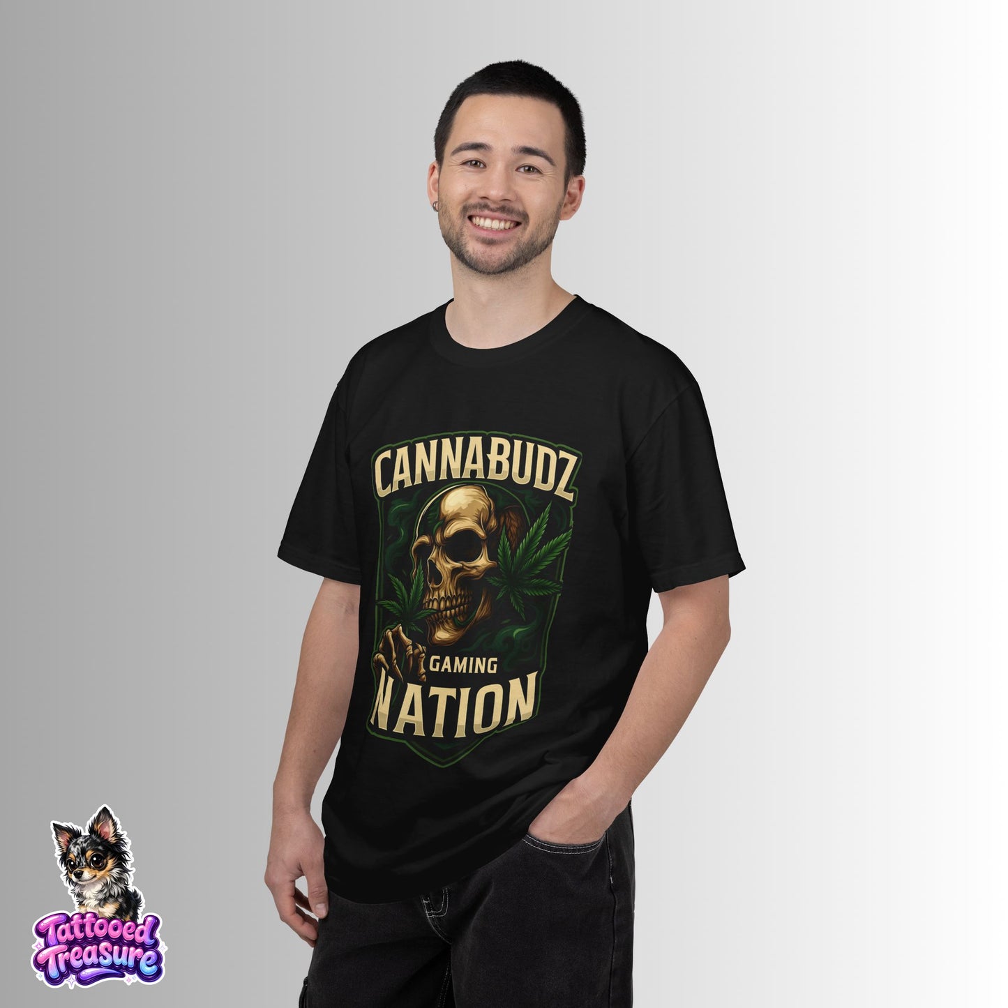 Cannabudz Gaming Nation T-Shirt Front — Skull & Cannabis Gamer Tee