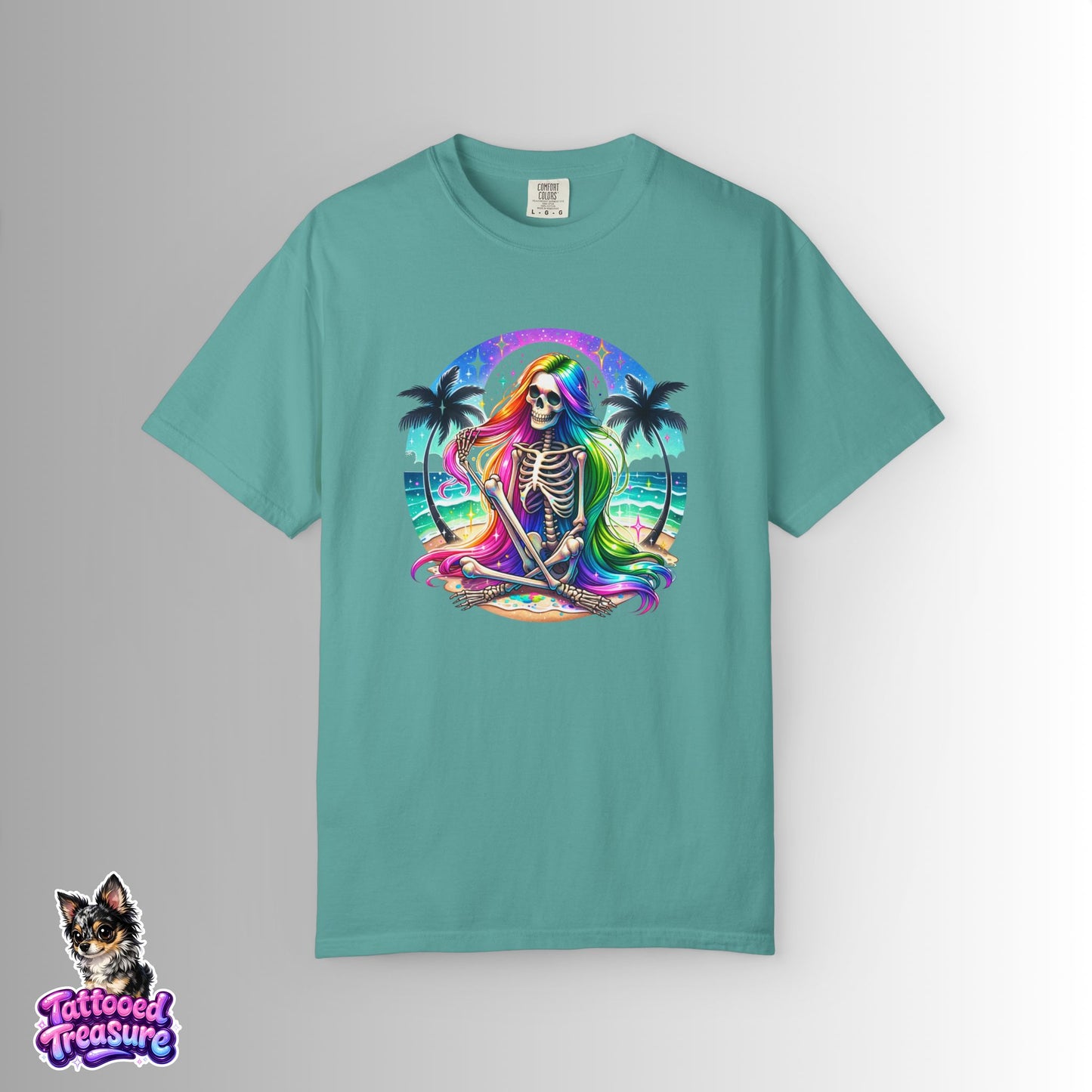 Rainbow Skeleton Beach T-Shirt — Neon Day of the Dead Surf Tee