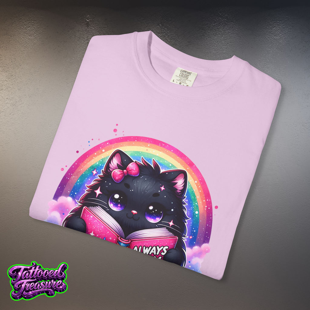 Cat Reading T-Shirt — "Always Busy Reading Trash" Cute Black Cat Rainbow Tee