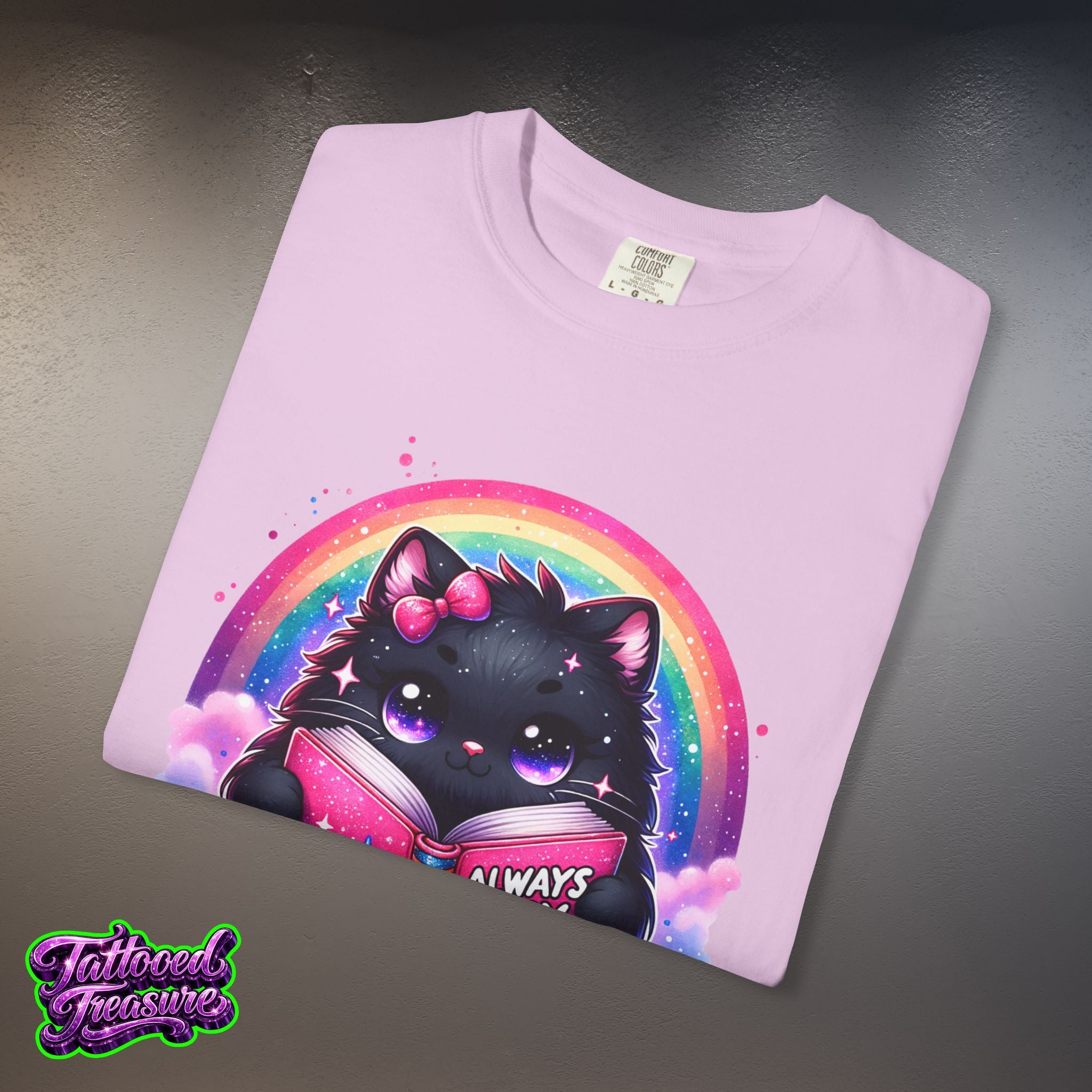 Cat Reading T-Shirt — "Always Busy Reading Trash" Cute Black Cat Rainbow Tee