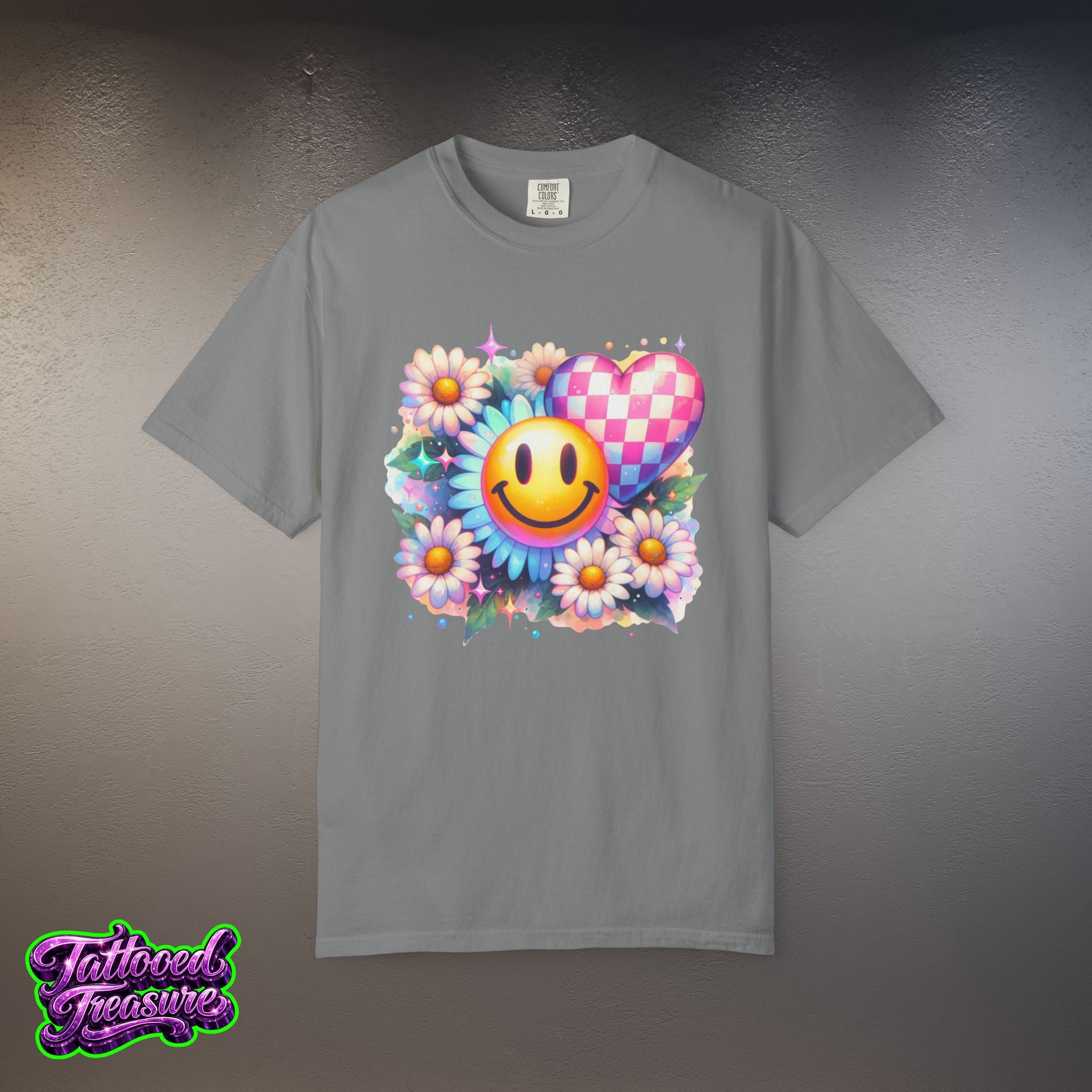 Happy Heart Smiley T-Shirt — Floral Checkerboard Graphic Tee