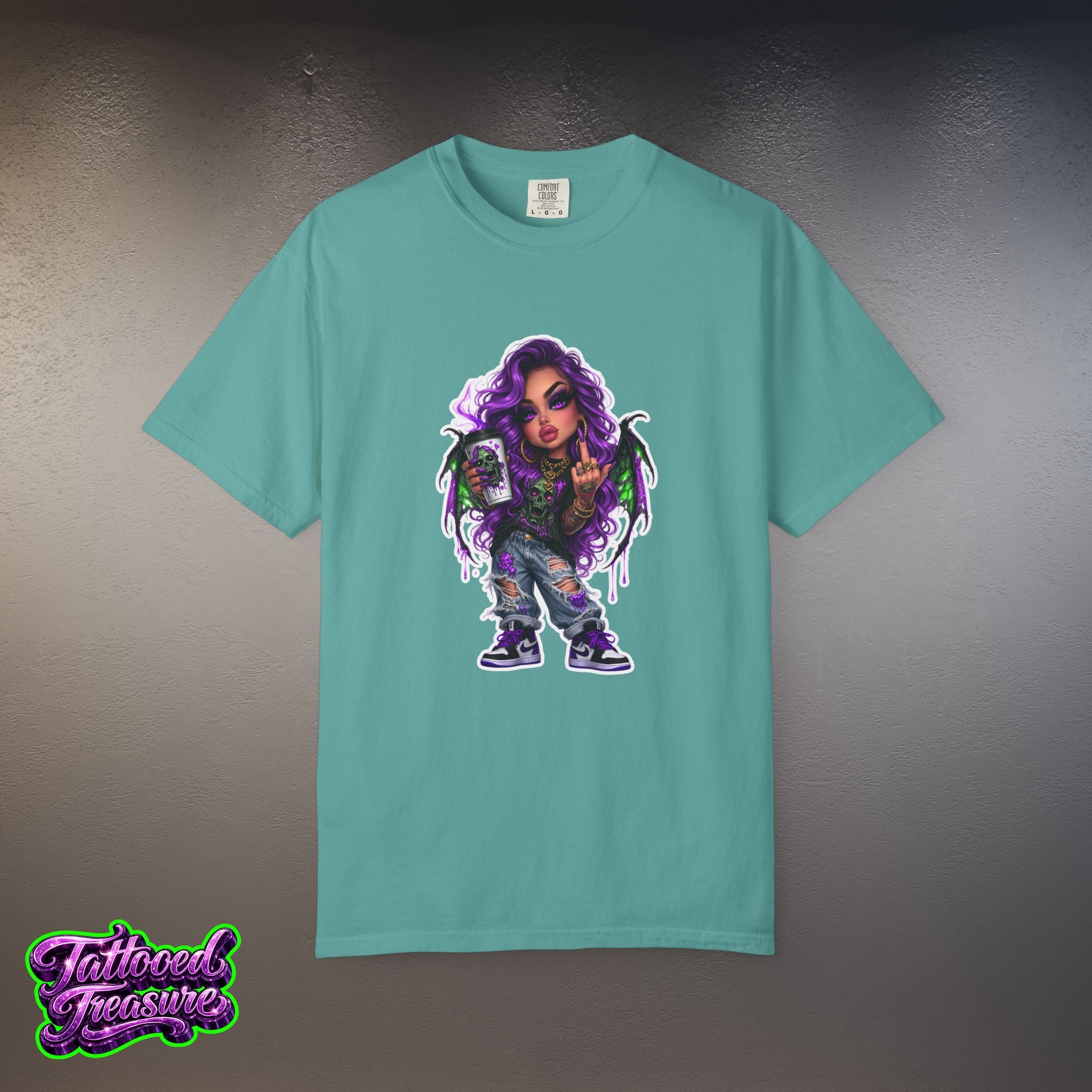 Demon Girl Streetwear T-Shirt — Purple Winged Tattooed Character Graphic