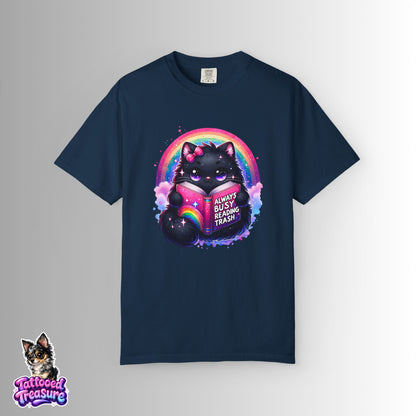 Cat Reading T-Shirt — "Always Busy Reading Trash" Cute Black Cat Rainbow Tee