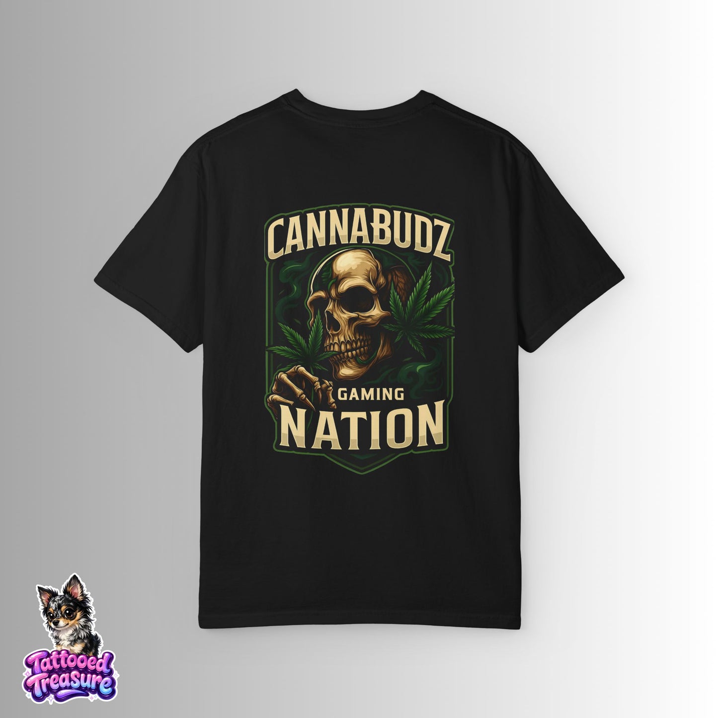 Cannabudz Nation T-Shirt Back— Skull & Cannabis Gaming Tee