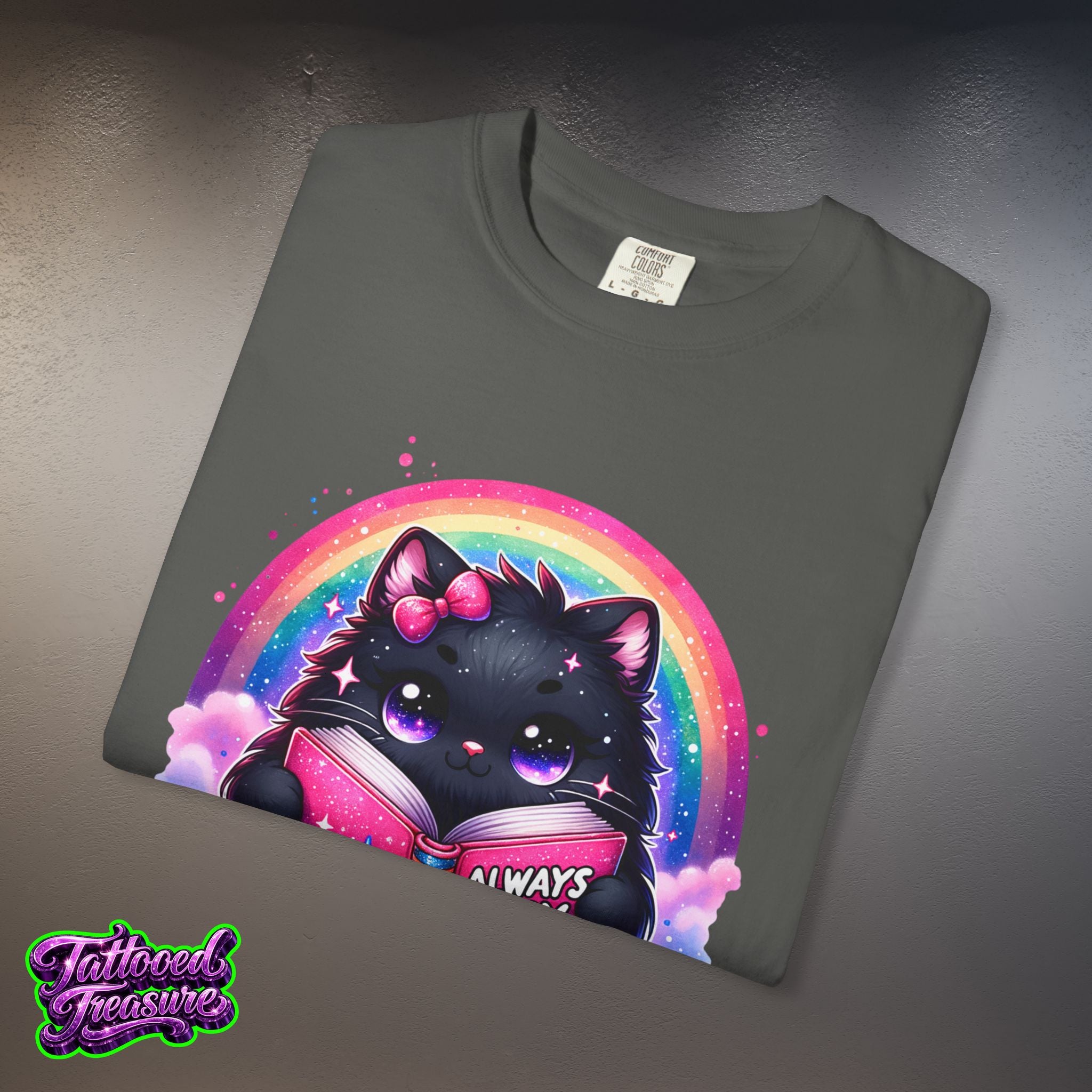 Cat Reading T-Shirt — "Always Busy Reading Trash" Cute Black Cat Rainbow Tee
