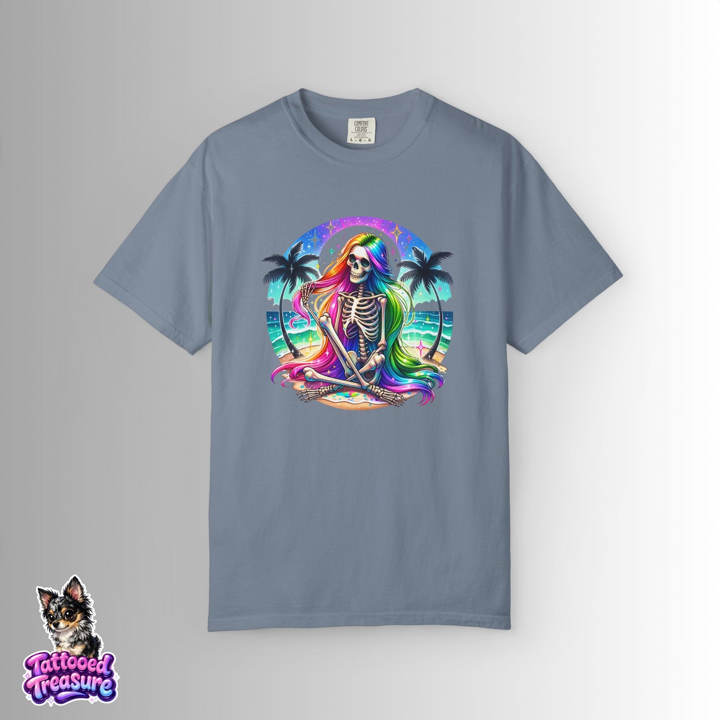 Rainbow Skeleton Beach T-Shirt — Neon Day of the Dead Surf Tee