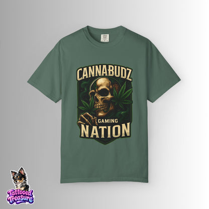 Cannabudz Gaming Nation T-Shirt Front — Skull & Cannabis Gamer Tee