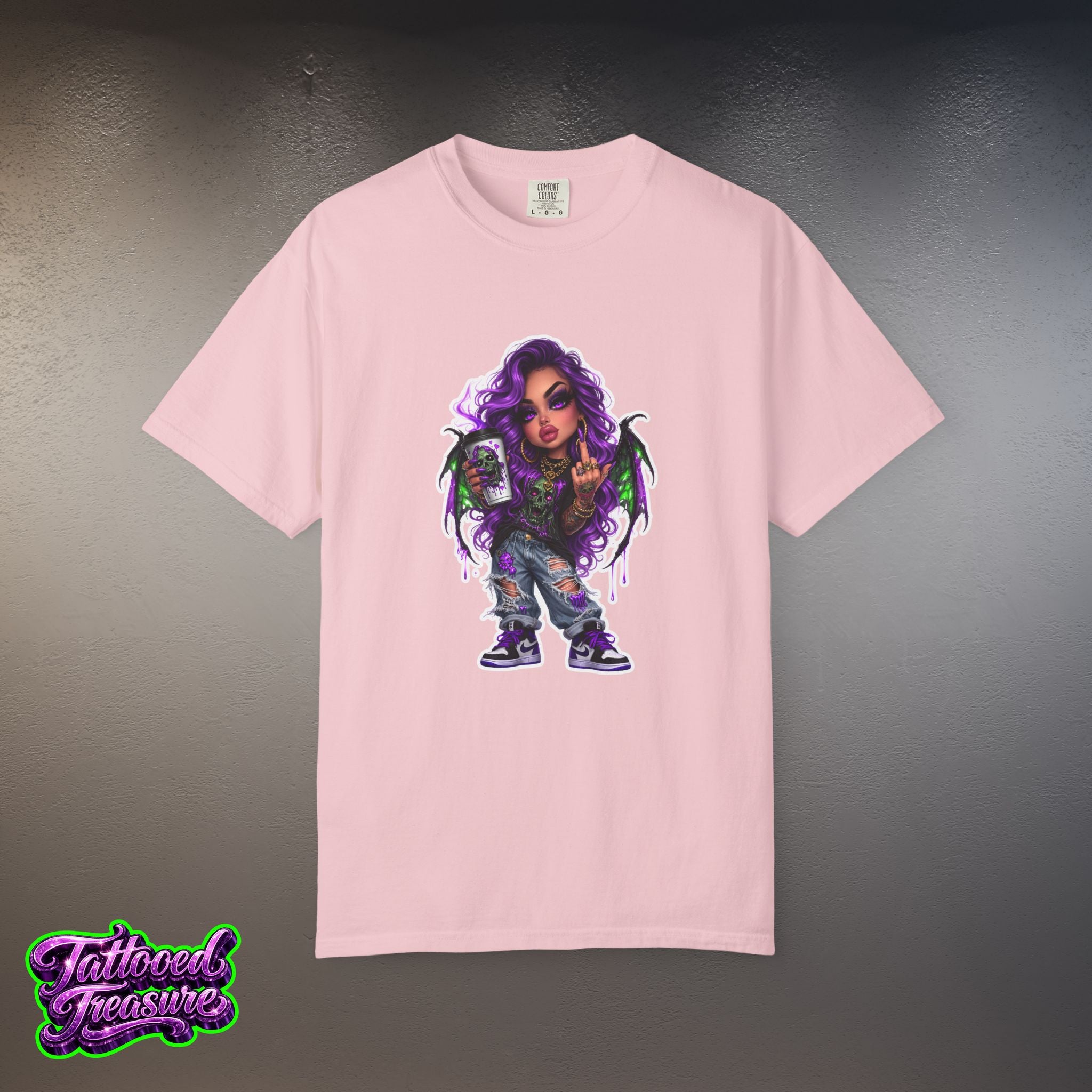 Demon Girl Streetwear T-Shirt — Purple Winged Tattooed Character Graphic