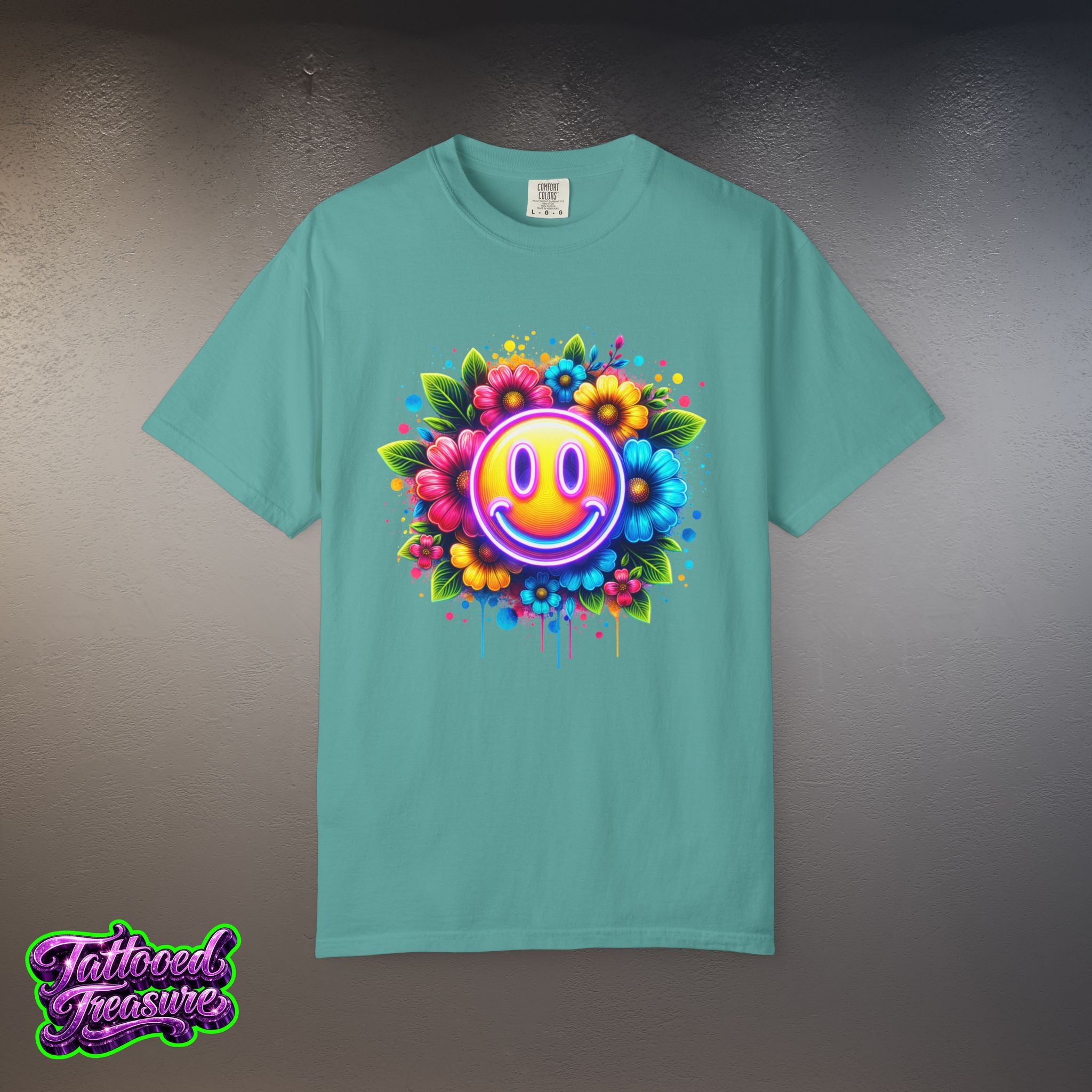 Smiley Flower T-Shirt — Colorful Neon Floral Smile Graphic Tee