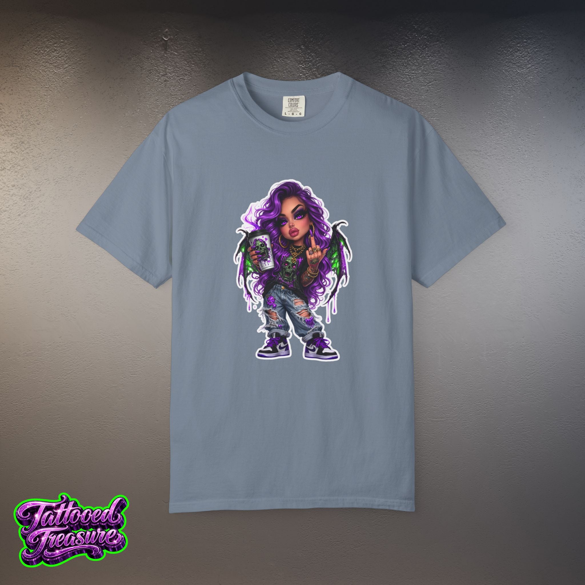 Demon Girl Streetwear T-Shirt — Purple Winged Tattooed Character Graphic