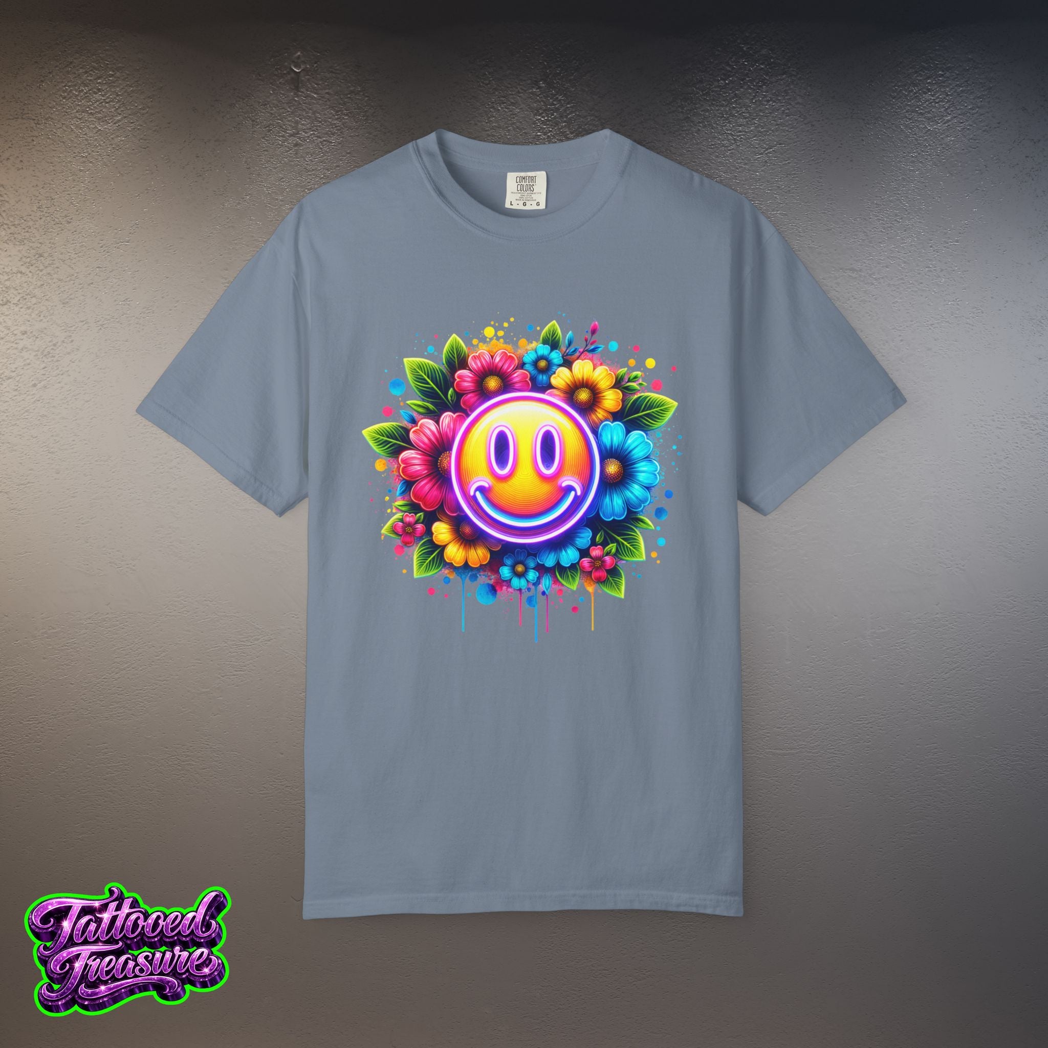 Smiley Flower T-Shirt — Colorful Neon Floral Smile Graphic Tee